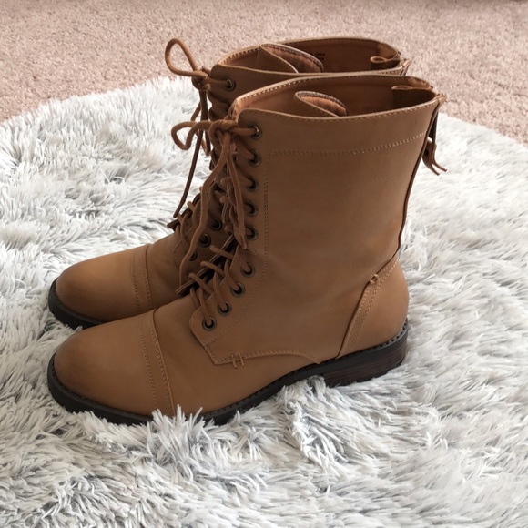 Call It Spring Shoes - Faux Leather Tan Combat Books